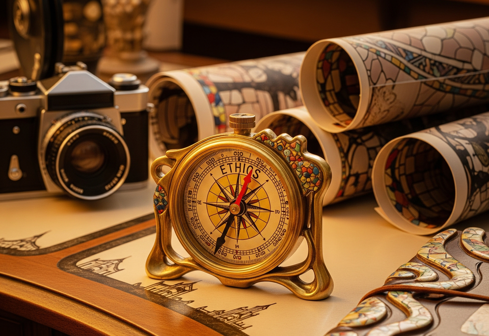 AI-Generated image of an ethical compass with the word ethics where North would be. Cameras, maps, and journalis are also on the desk in the style of Antoni Gaudí. (Generated with Imagen 4)